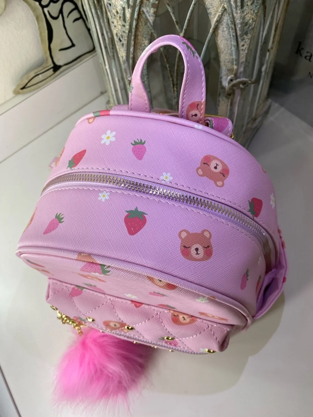 Under One Sky Pink Bear & Strawberry Mini Backpack with Pink Pom Charm EUC